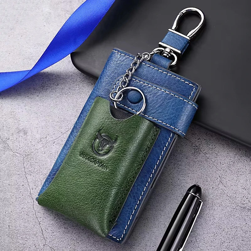 (image for) BULLCAPTAIN Genuine Leather Mens Keycase Portable Car Keychain Storage Key Holder Fashion Color Block Design Housekeeper Stand Stylish Compact Key Bag